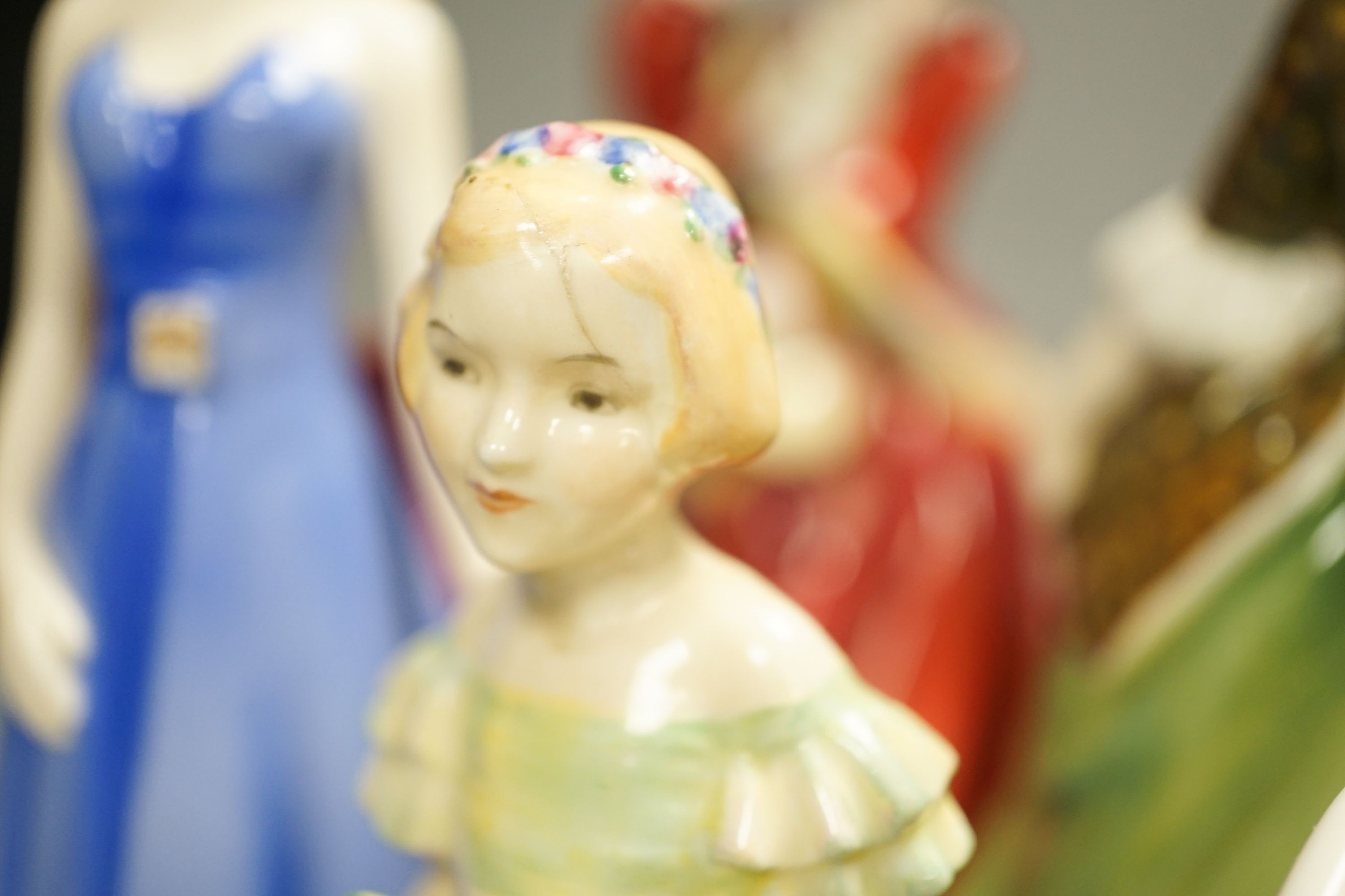 Seven Royal Doulton costume figures and two others Meditation HN2330 and Heart to Heart HN2278 (9)